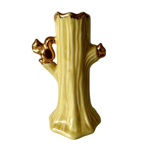 Yellow Ceramic Tree Trunk 22K Gold Trim Squirrel & Leaf Design Flower Bud Vase - Picture 2 of 4